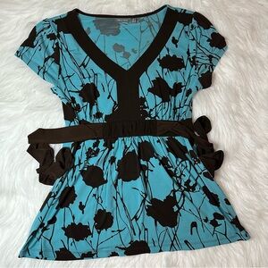 Apt. 9 Stretch Surplice Wrap Shirt Blouse Blue Brown Floral